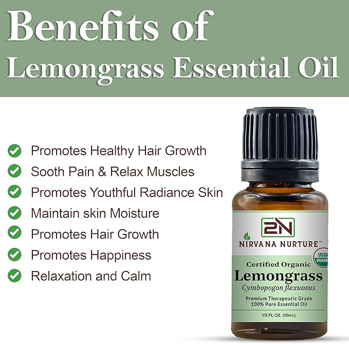 Lemongrass Essential Oil USDA Certified Organic 100% Pure Premium Therapeutic Grade, Undiluted - Aromatherapy Diffuser for Calm and Relaxation, Skin Care, Hair Care-Velvo Beauty