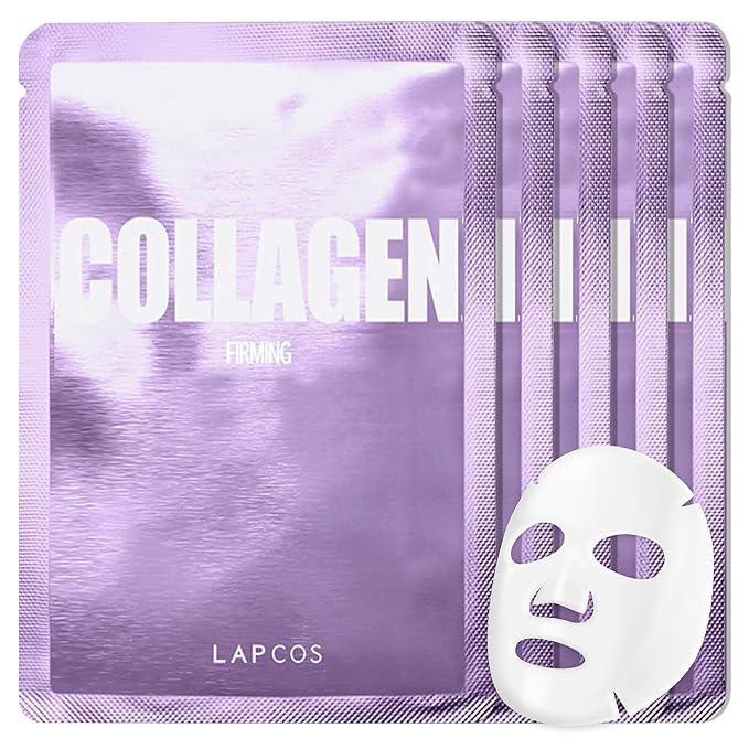 LAPCOS Collagen Sheet Mask, Firming Daily Face Mask with Collagen Peptides for Anti-Aging, Helps to Minimize Wrinkles, Restores Skin Elasticity & Firmness, Korean Beauty Favorite, 5-Pack-Velvo Beauty