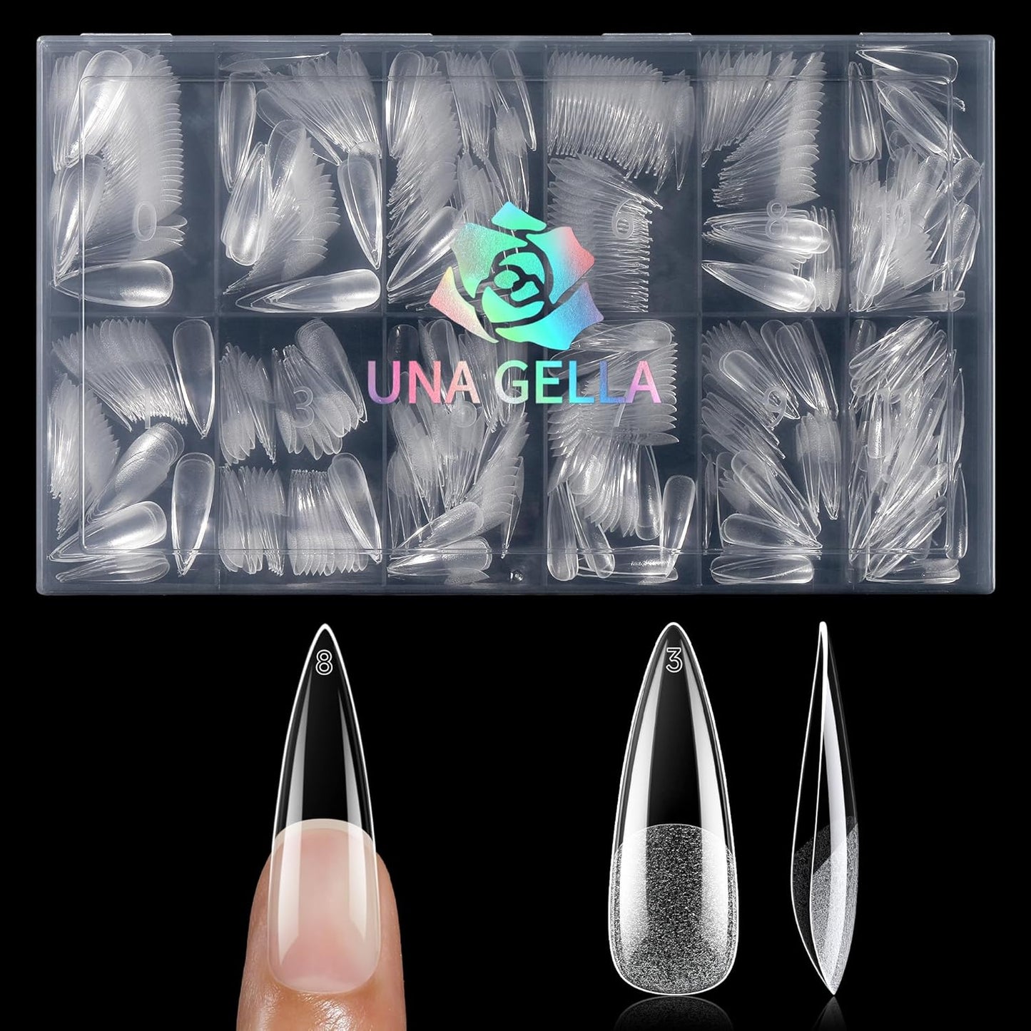 UNA GELLA Halloween Long Stiletto Gel Nail Tips, 600Pcs Pre Etched Long Stiletto Almond Nail Tips Clear Fake Nails Press on Nails No C Curve for DIY Art Salon at Home 12 Sizes-Velvo Beauty