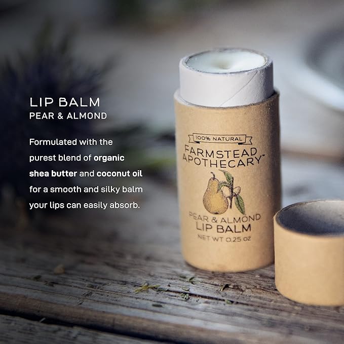 Farmstead Apothecary 100% Natural Lip Balm with Organic Beeswax, Organic Shea Butter & Organic Coconut Oil, Pear & Almond 0.2oz (Pack of 2)-Velvo Beauty