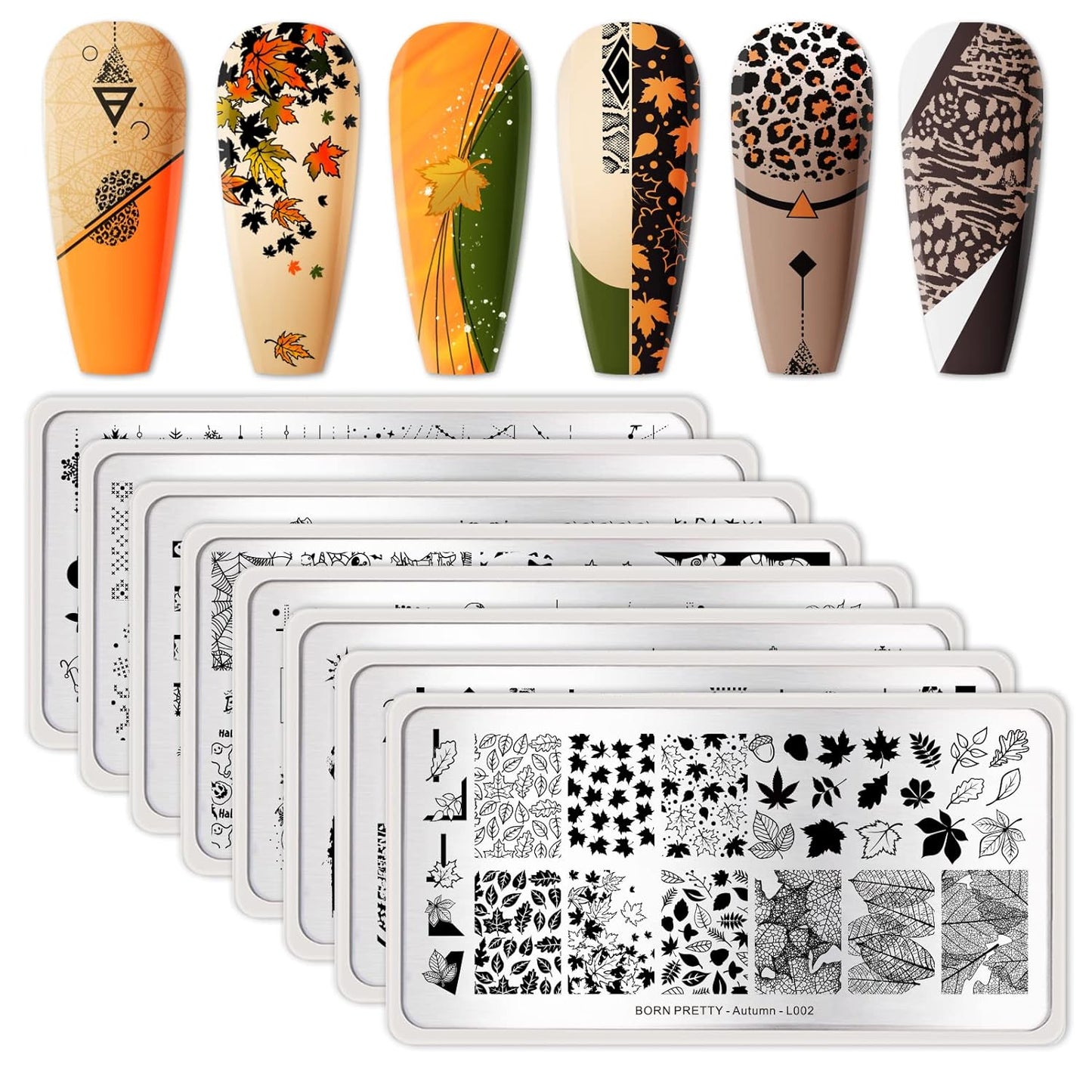 Born Pretty Nail Stamping Plates 8PCS Nail Art Design Kit Fall Winter Halloween Christmas Tree with Snowflake Cute Deer Nail Art Image Plates Halloween Christmas Patterns Templates DIY Printing Tools-Velvo Beauty