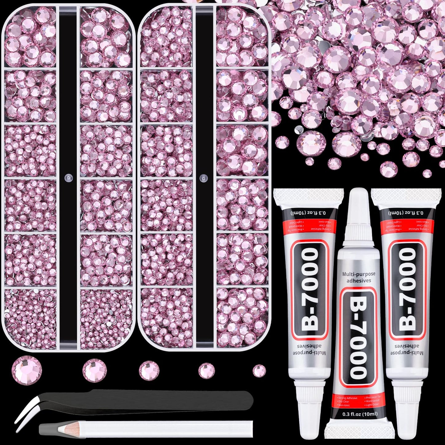 Resin Rhinestones for Crafting with B7000 Jewelry Glue, 2 Boxes Light Pink Flatback Crystals with 3Pcs 10ml Glue for Bedazzling Crafts DIY Nail Art Makeup, Gems for Clothing Shoes-Velvo Beauty