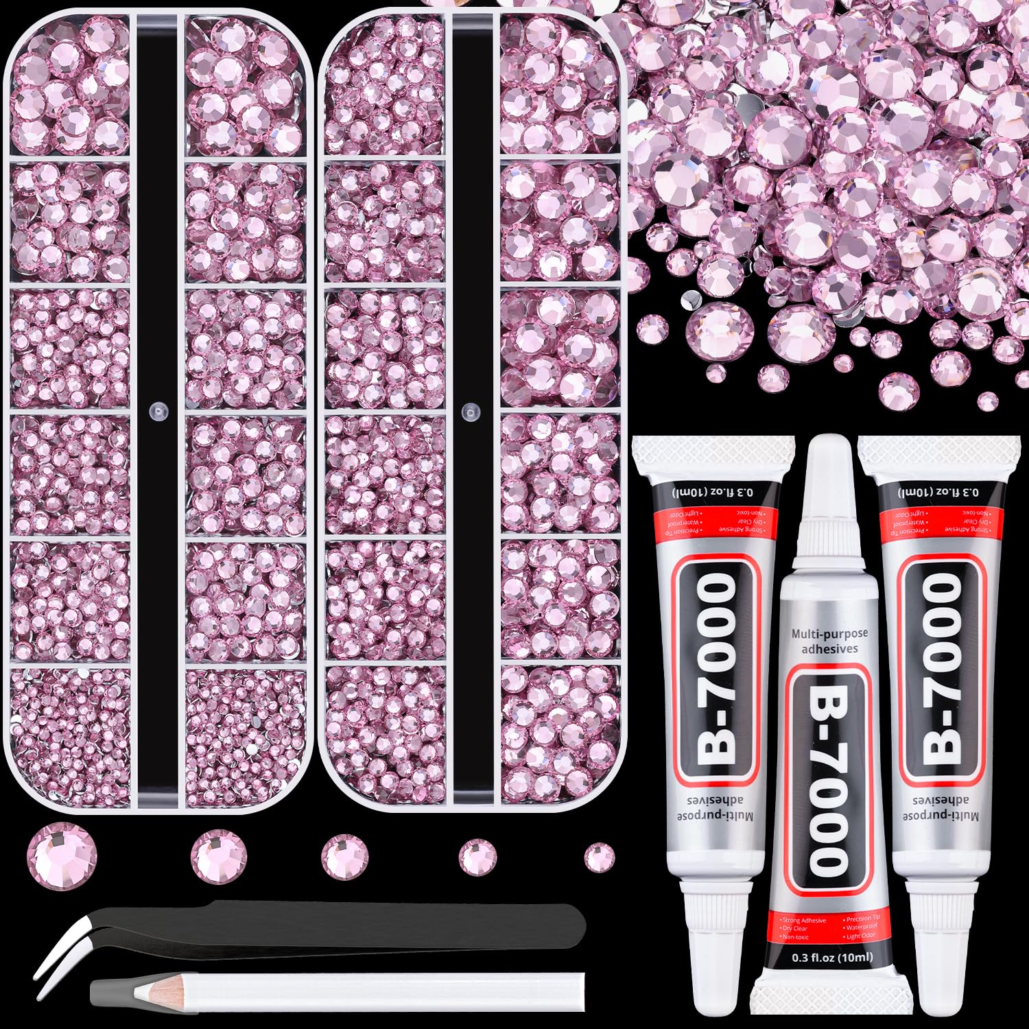 Resin Rhinestones for Crafting with B7000 Jewelry Glue, 2 Boxes Light Pink Flatback Crystals with 3Pcs 10ml Glue for Bedazzling Crafts DIY Nail Art Makeup, Gems for Clothing Shoes-Velvo Beauty