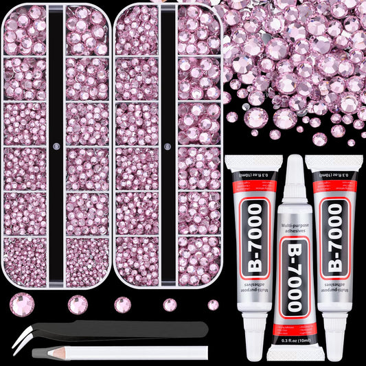 Resin Rhinestones for Crafting with B7000 Jewelry Glue, 2 Boxes Light Pink Flatback Crystals with 3Pcs 10ml Glue for Bedazzling Crafts DIY Nail Art Makeup, Gems for Clothing Shoes-Velvo Beauty