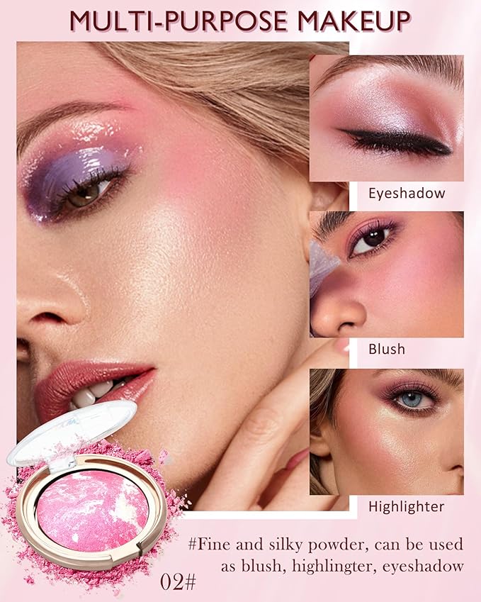 Baked Powder Blush, Glow Marbleized Blush Powder Palette,Lightweight Shimmery Facail Blusher for Face Cheeks,Eyeshadow & Highlight,Makeup Gift for Women rubores de maquillaje(0.49Ounce)-02-Velvo Beauty
