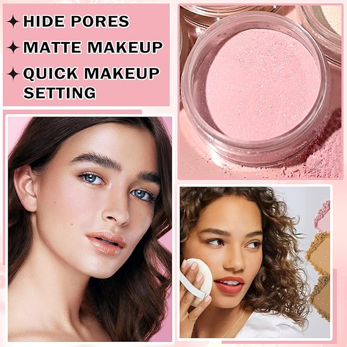 Pink Setting Powder Loose Powder Shimmer Finishing Powder Ultimate Blurring Setting Powder Long Lasting Oil Control Loose Face Powder for All Skin Tones-02 Pink-Velvo Beauty