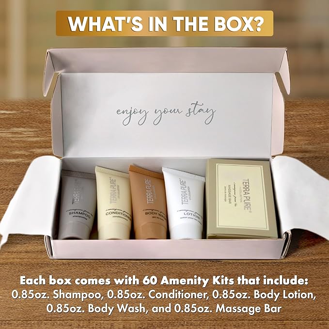 Terra Pure Spa Collection Amenity Kit | Hotel Toiletries | Bulk Set 0.85 oz Travel Size Shampoo,Conditioner, Lotion,Body Wash & Massage Bar for Guest Hospitality AirBnB/Vacation Rentals | 60 sets/case-Velvo Beauty