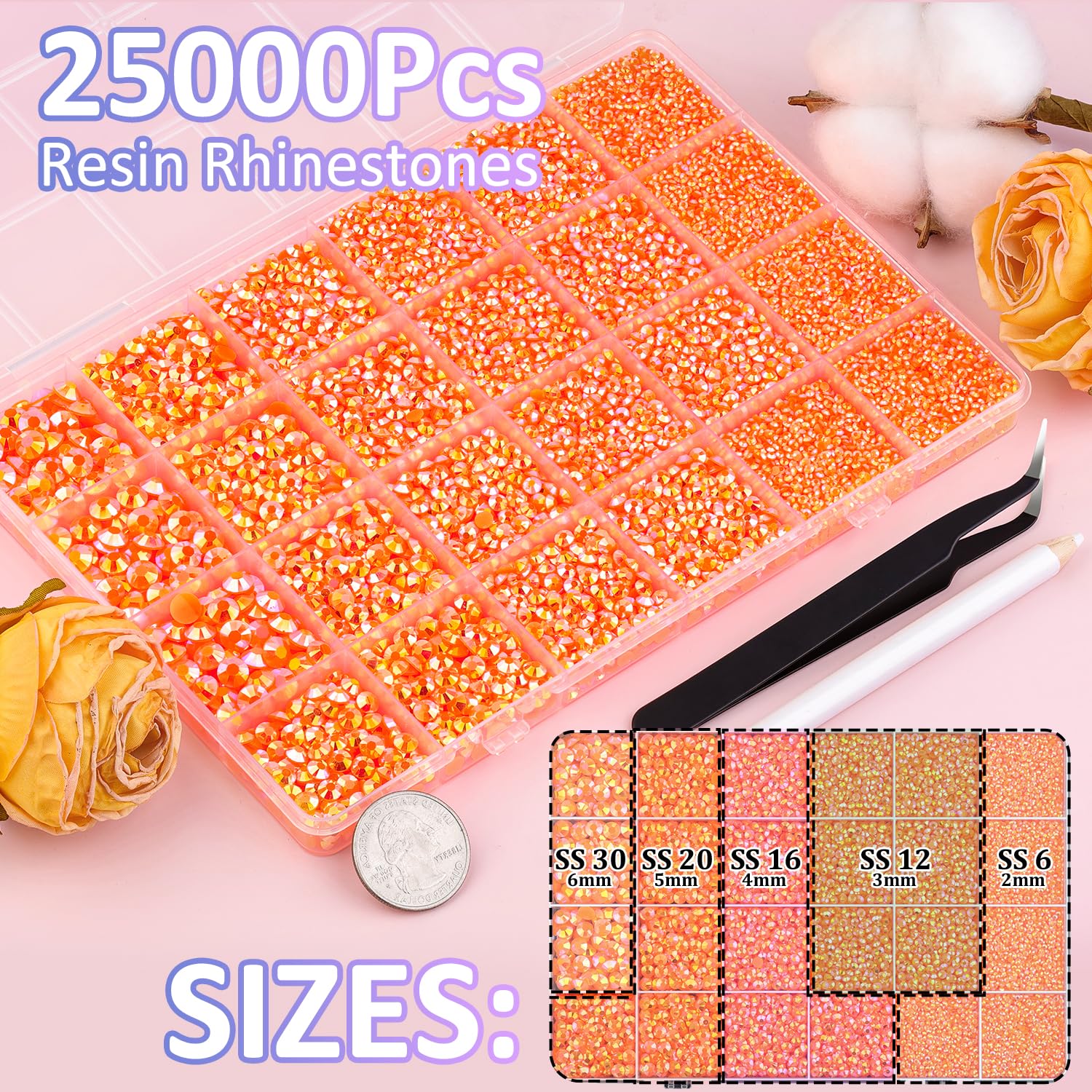 25000Pcs Resin Rhinestones with Tweezers for Crafting, Orange AB 2-6mm Mixed Sizes Non Hotfix Flatback Gems, Bedazzling Crystal for DIY Craft Clothing Mugs Tumblers Shoes Fabric Decor Nail Art-Velvo Beauty