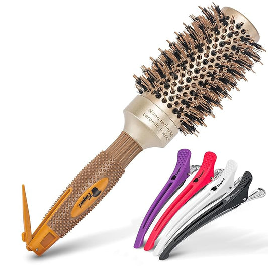 Fagaci Professional Round Brush with Natural Boar Bristle for Blow Drying, Nano Technology Ceramic + Ionic for Voluminous Healthy Hair Styling | Includes 4 Styling Clips-Velvo Beauty