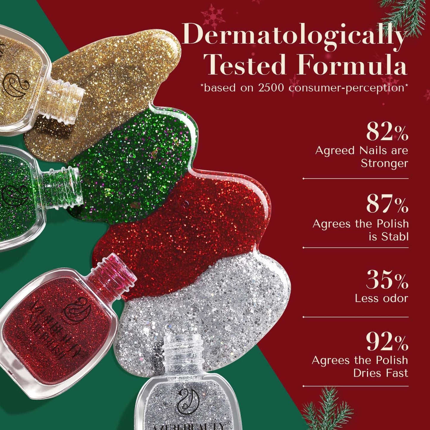 AZUREBEAUTY Nail Polish Set, 4 Colors Christmas Glitter Red Green Gold Silver Quick Dry Natural Fingernail Lacquer Strengthening Treatment Kit with Top Coat DIY Salon at Home-Velvo Beauty