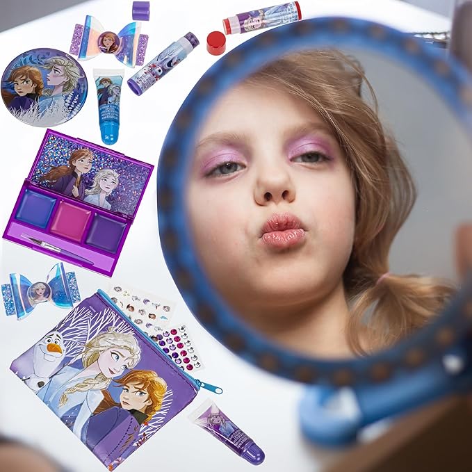 Disney Frozen - Townley Girl Super Sparkly Cosmetic Beauty Makeup Set For Girls with Clips, Lip Gloss, Nail Stickers, Lip Balm, Nail Gems and Mirror For Parties, Sleepovers & Makeovers-Velvo Beauty