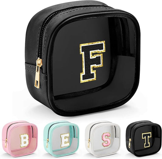 YOOLIFE Initial Makeup Bag Travel Toiletry Bag, Clear Makeup Bag Car Accessories For Women Clear Makeup Bags With Zipper Girlfriend Teacher 13 Year Old Girl Gifts Daughter Girl Gifts Mini Black F-Velvo Beauty