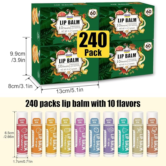 AZEN 240 Pack Lip Balm, Natural Lip Balm Bulk, Lip Care Product, Moisturizing Lip Balm for dry cracked lips - 10 Flavors-Velvo Beauty