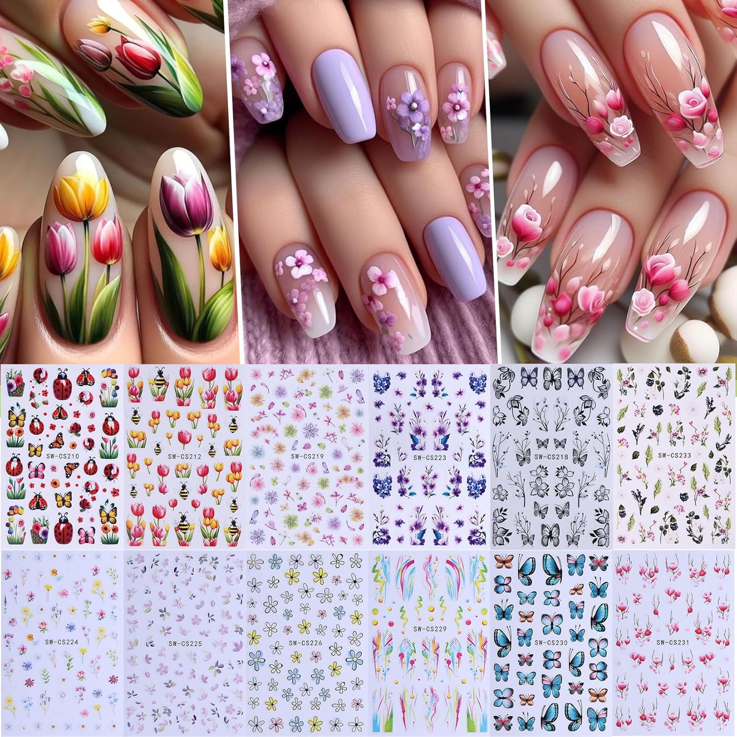 Flower Stickers Nail Art Decals 12PCS Summer Nail Art Designs with Tweezers Tulip Butterfly Leaf Florals Ladybug Decals 3D Self-Adhesive Manicure Simple Nail Stickers for Women Acrylic Nails Supplies-Velvo Beauty