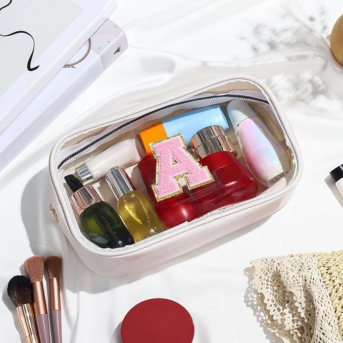 YOOLIFE Initial Make Up Bag Travel Toiletry Bag, Clear Makeup Bag Preppy Cosmetic Bags Organizer Travel Essentials Gifts for Women Teen Girlfriend Teacher Mom Brithday Mothers Day Gifts, Large, White-Velvo Beauty