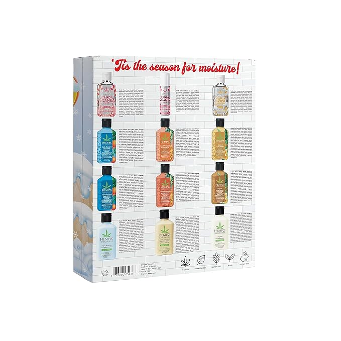 Hempz Twelve Days of Hydration Skin Care Gift Set (12-pack) - Candy Cane Moisturizer & Lip Balm, Vanilla Moisturizer, Pineapple & Melon, Original, & Triple Moisture Shampoo, Conditioner & Moisturizer-Velvo Beauty