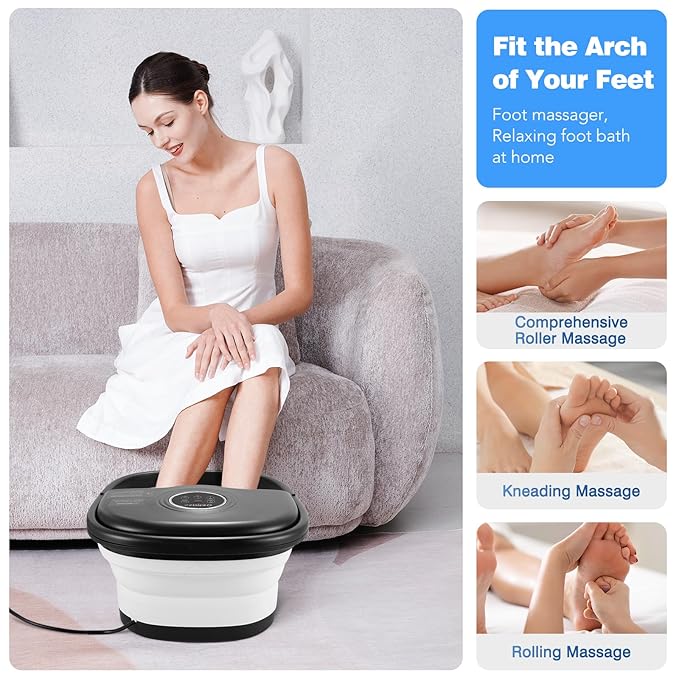 Collapsible Foot Spa Bath with Heat, Remote Control, Temperature Control, Bubbles, Pumice Stone, Red Light, Timer, 16 Massage Roller Pedicure Foot Spa Foot Soaker for Soothe & Relax Tired Feet-Velvo Beauty