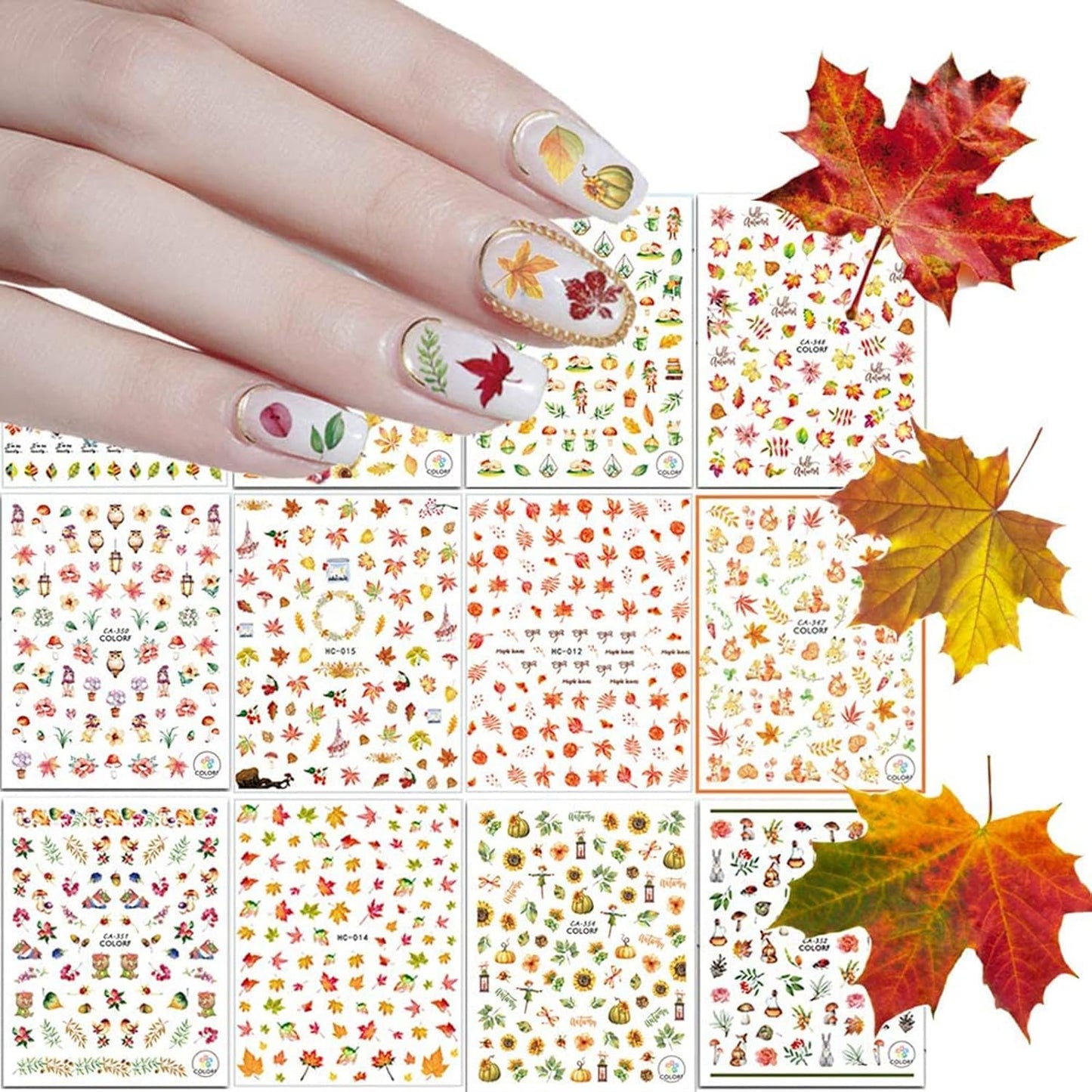 Kalolary Autumn Fall Nail Art Stickers Decals Maple Leaves Decals 3D Nail Stickers Harvest Pumpkin Maple Leaves Sunflower Squirrel for Women Girls Kids DIY Nail Design-12 Sheets-Velvo Beauty