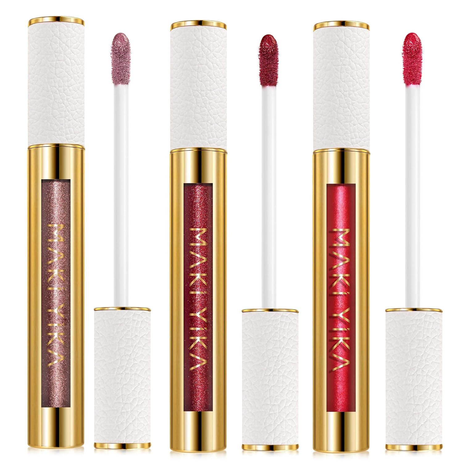 MAKI YIKA 3Pc Metallic Lipstick Long Lasting Nude Pink Red Glitter Lipsticks High Shine Lipstick No Smudge No Transfer Liquid Lip Gloss (Nude/Pink/Red)-Velvo Beauty
