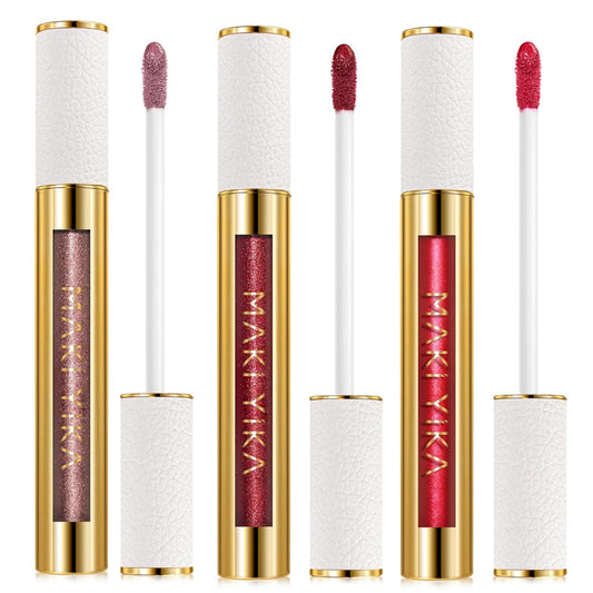 MAKI YIKA 3Pc Metallic Lipstick Long Lasting Nude Pink Red Glitter Lipsticks High Shine Lipstick No Smudge No Transfer Liquid Lip Gloss (Nude/Pink/Red)-Velvo Beauty