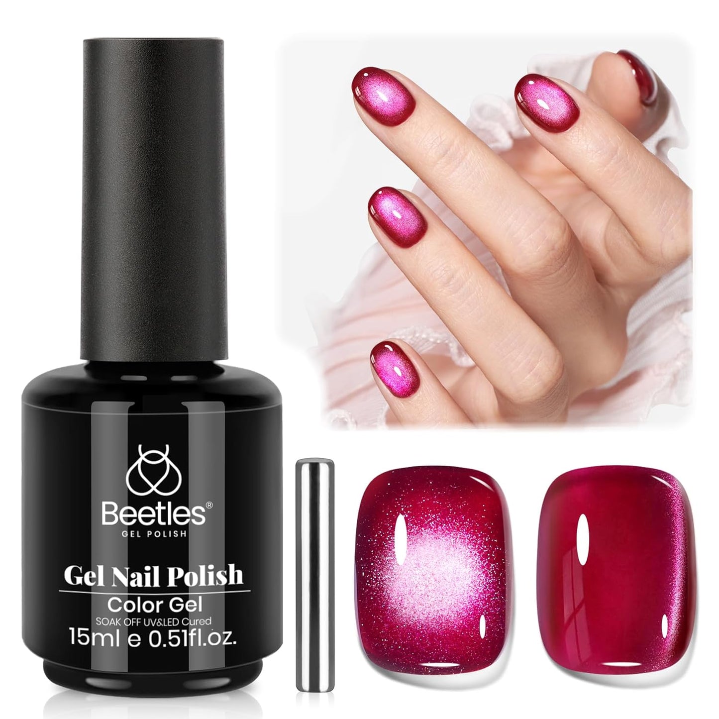 Beetles Red Cat Eye Gel Nail Polish - 15ML Cherry Red Glass Cat Eye Magnetic Glitter Gel Polish with Pink Powder Sheer Gel Soak Off UV Cherry Shimmer Collection Nail Art Design Manicure Gift for Women-Velvo Beauty