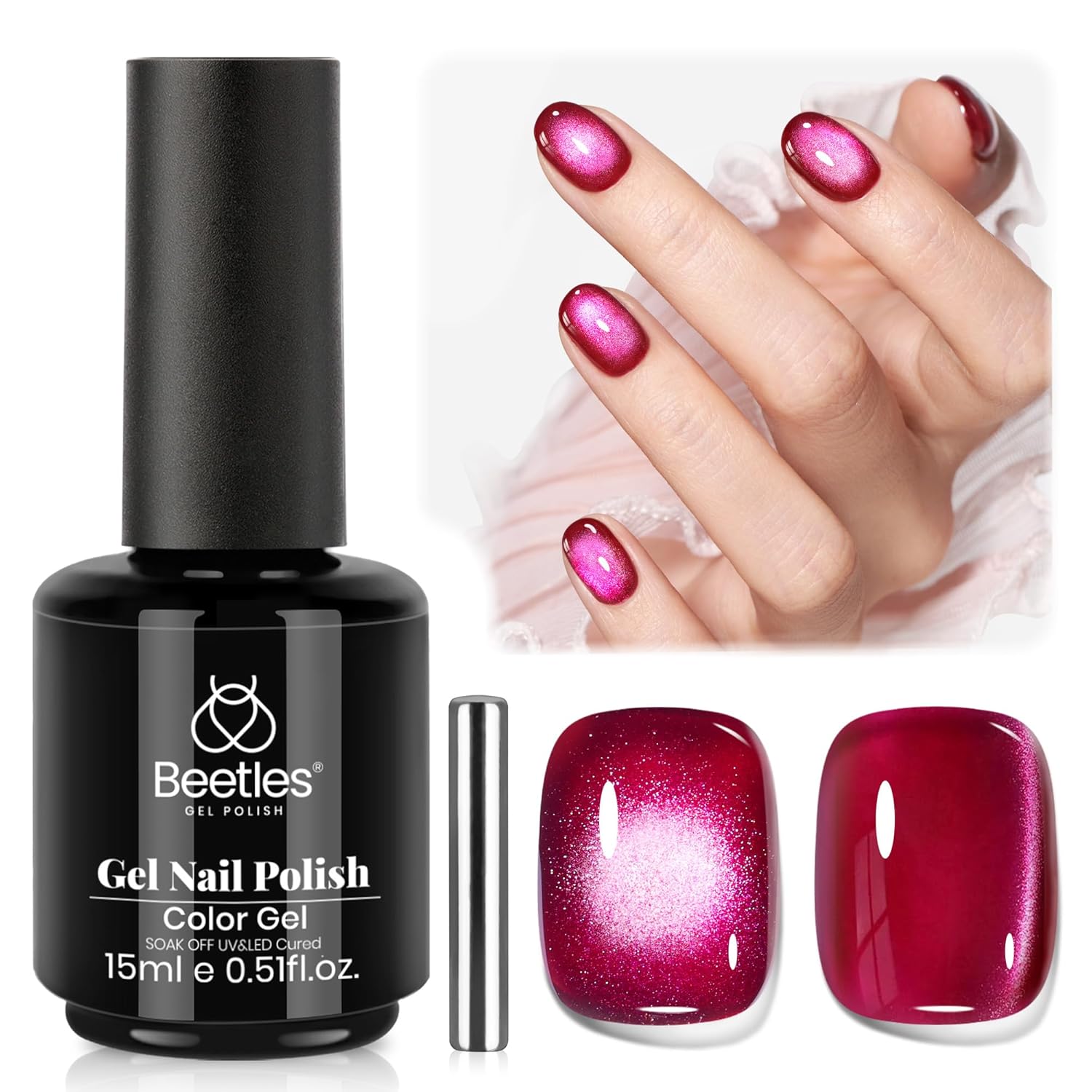 Beetles Red Cat Eye Gel Nail Polish - 15ML Cherry Red Glass Cat Eye Magnetic Glitter Gel Polish with Pink Powder Sheer Gel Soak Off UV Cherry Shimmer Collection Nail Art Design Manicure Gift for Women-Velvo Beauty