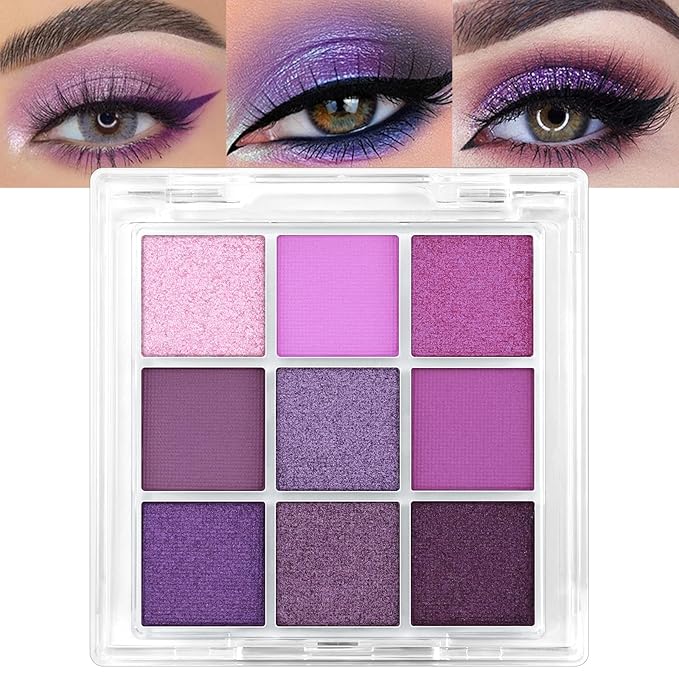 Erinde 9 Colors Purple Pink Lavender Glitter Shimmer Matte Eye Shadow Palette Makeup, Highly Pigmented Waterproof Violet Mauve Dark Purple Silver Pearl White Shimmer Sparkling Party Eyeshadow Palette-Velvo Beauty