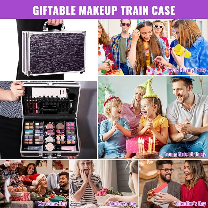 Makeup Kit for Teen Girls & Women Full Kit, Beauty Train Case with Starter Cosmetic Set, Make Up Valentine's Day Gift Box with Eyeshadow,Lipgloss,Highlighter,Blush,Lip&Eye Pencils,Brush & More(Purple)-Velvo Beauty