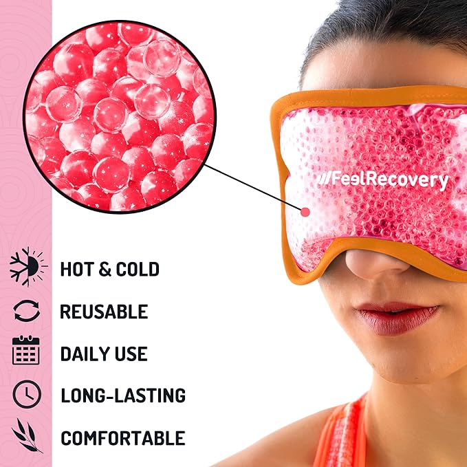 Cooling Gel Eye Mask for Puffy Eyes (8x4 in) - Reusable Cold Compress Pack for Dry Eyes, Tired Eyes, Headaches, Dark Circles - Flexible Golden Gel Beads Hot & Cold Therapy-Velvo Beauty