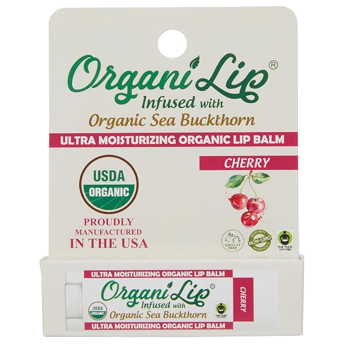 Organic Lip Balm, Cherry Flavor, Ultra Hydrating Lip Moisturizer for Cracked or Dry Lips, Infused With Organic Sea Buckthorn, Oval Shaped Tube, USDA Certified Organic, 1 Pack-Velvo Beauty