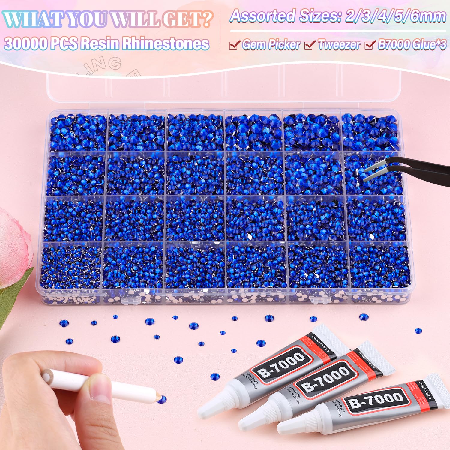30000Pcs Resin Royal Blue Rhinestones for Bedazzling Crafting with b7000 Jewelry Glue, Bulk Flatback Gems Bedazzler Kit for Crafts Clothes Shoes Fabric Nail Diamond Art, Assorted Size 2/3/4/5/6mm-Velvo Beauty