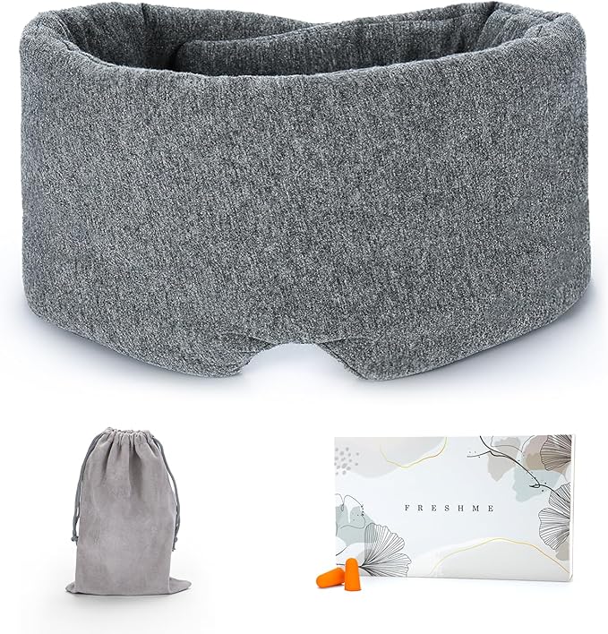 FRESHME Cotton Eye Mask for Sleeping in Gift Box - Soft and Adjustable Extensions Sleep Mask with Earplugs and Pouch for Women and Men, Blackout Cover for Night Travel Relaxation-Velvo Beauty