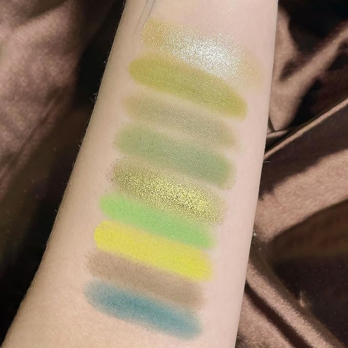 Erinde 9 Colors Eyeshadow Palette, Matte Shimmer Glitter Eye Shadow Palette Makeup, Highly Pigmented Long Lasting Waterproof, Natural Neutral Nude Eyeshadow Make Up Pallet, Yellow Green-Velvo Beauty