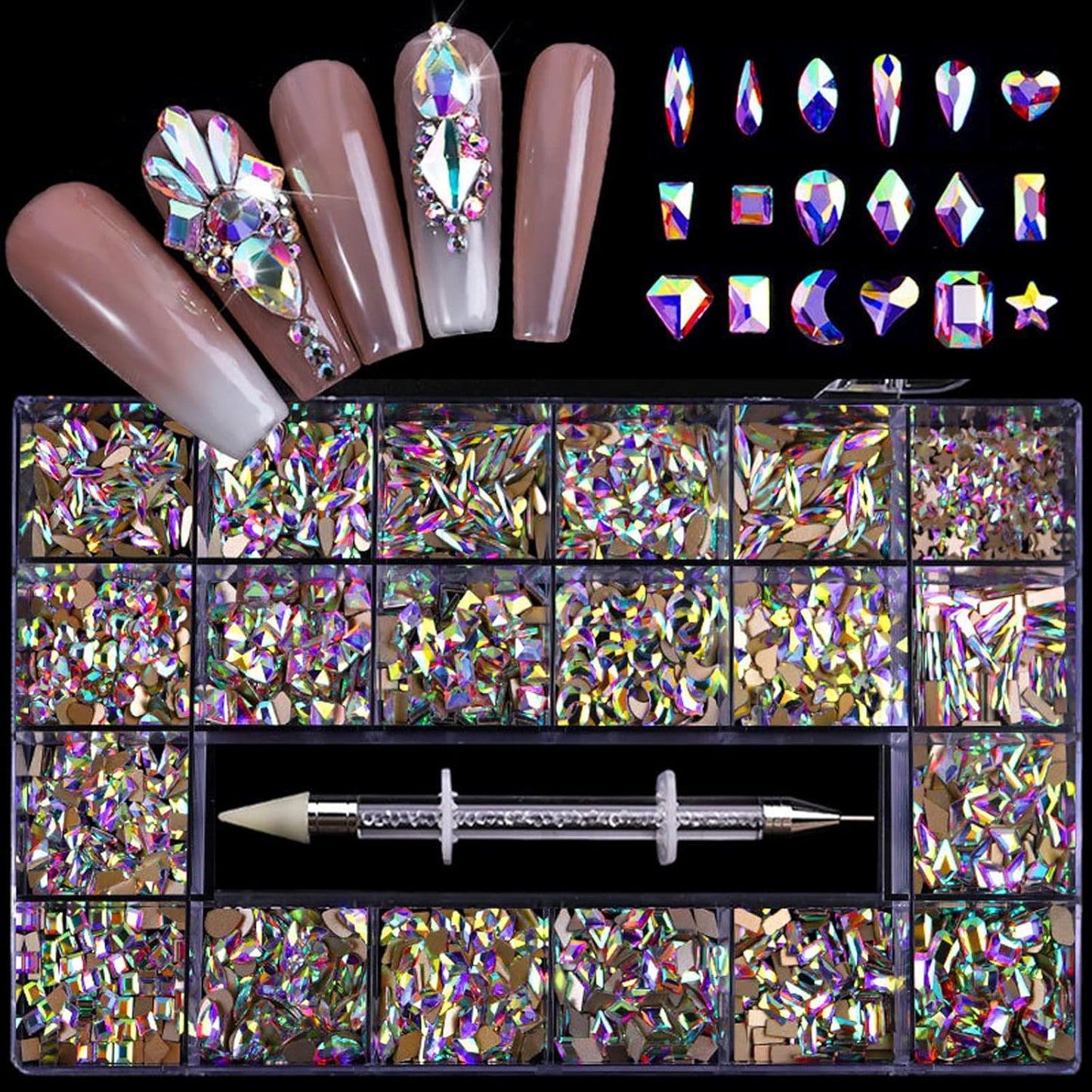 Nail Art Rhinestones, Nail Gems and Rhinestones Kit with Wax Pencil Flatback AB Rhinestones for Nails, Crafts, Makeup, Face, Clothes, Shoes-Velvo Beauty