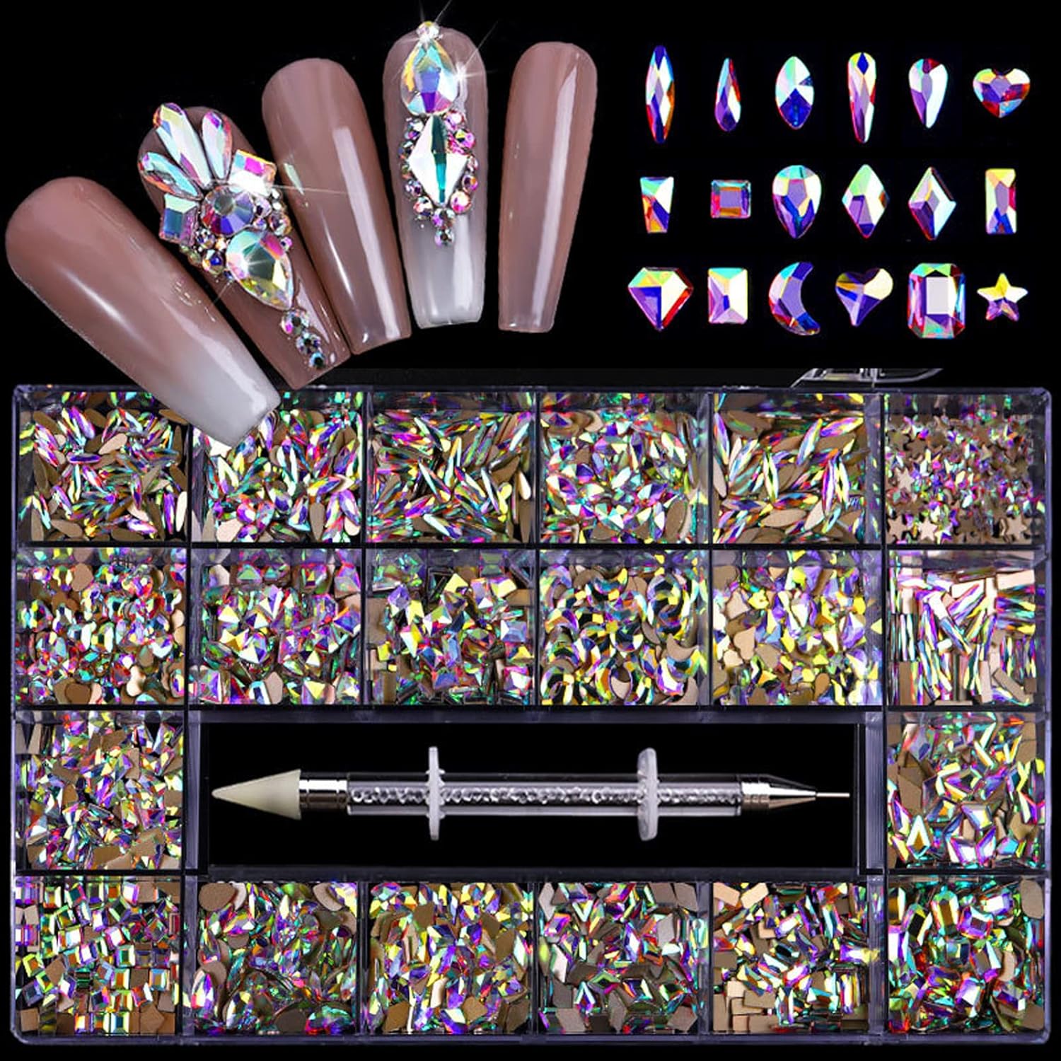 Nail Art Rhinestones, Nail Gems and Rhinestones Kit with Wax Pencil Flatback AB Rhinestones for Nails, Crafts, Makeup, Face, Clothes, Shoes-Velvo Beauty