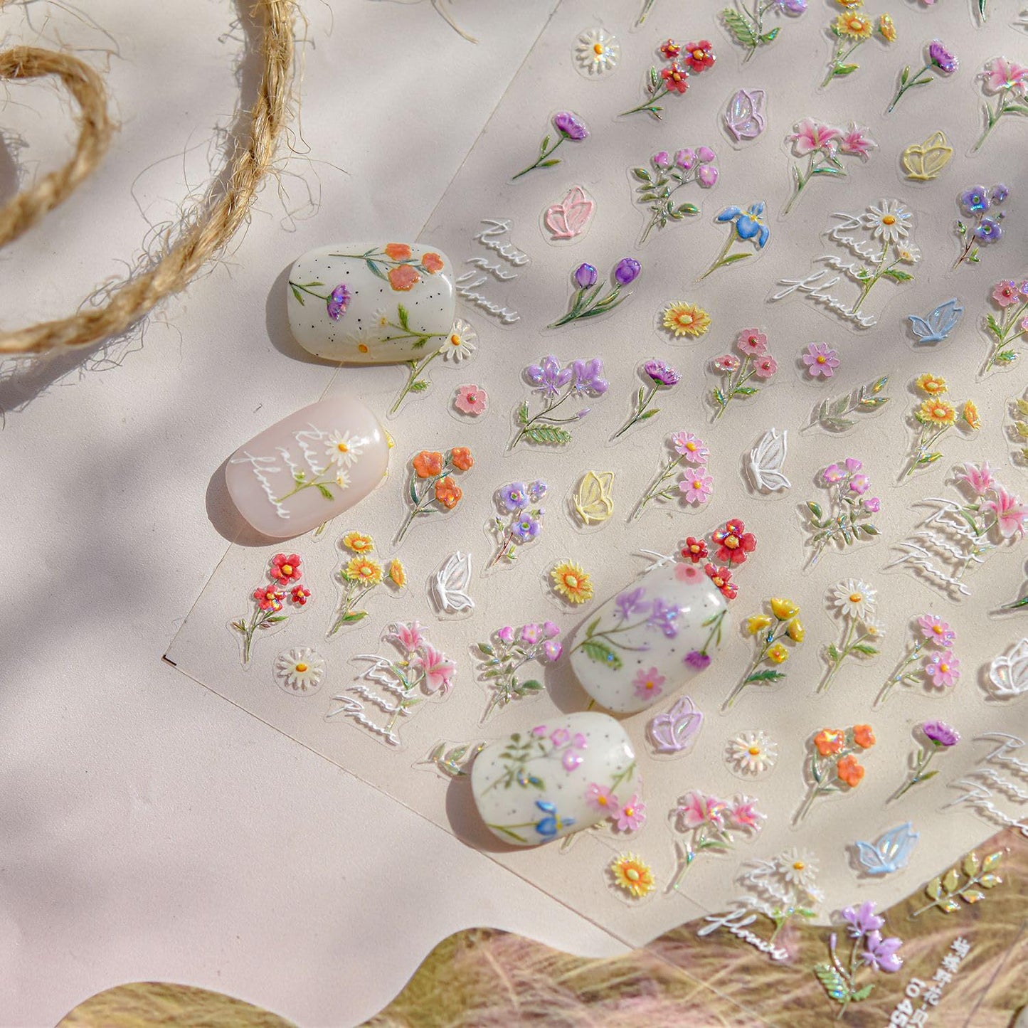 Flowers Nail Art Stickers for Acrylic Nails Colorful Flower Nail Decals 5D Embossed Self Adhesive Daisy Nail Sticker with Butterfly Designs Nail Stickers Spring Cute Floral Nail Decal for Women-Velvo Beauty