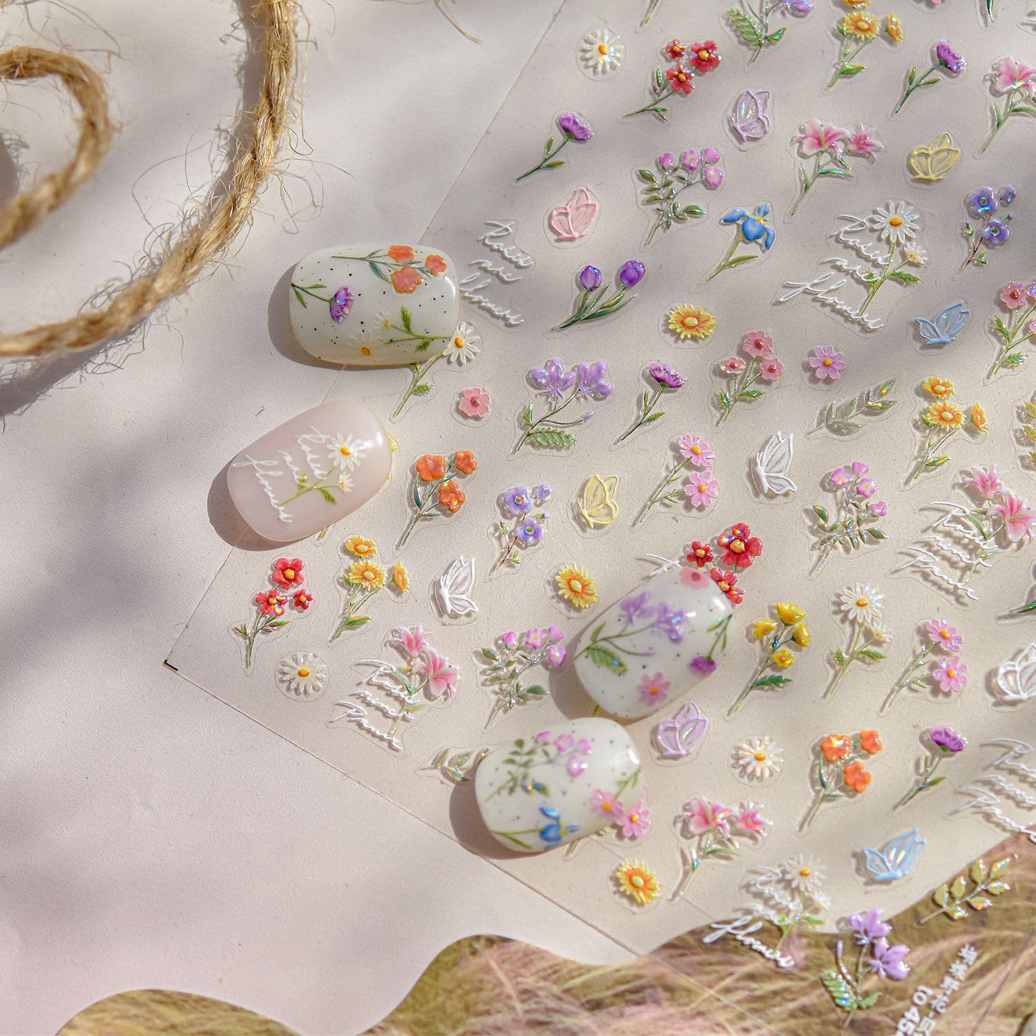 Flowers Nail Art Stickers for Acrylic Nails Colorful Flower Nail Decals 5D Embossed Self Adhesive Daisy Nail Sticker with Butterfly Designs Nail Stickers Spring Cute Floral Nail Decal for Women-Velvo Beauty