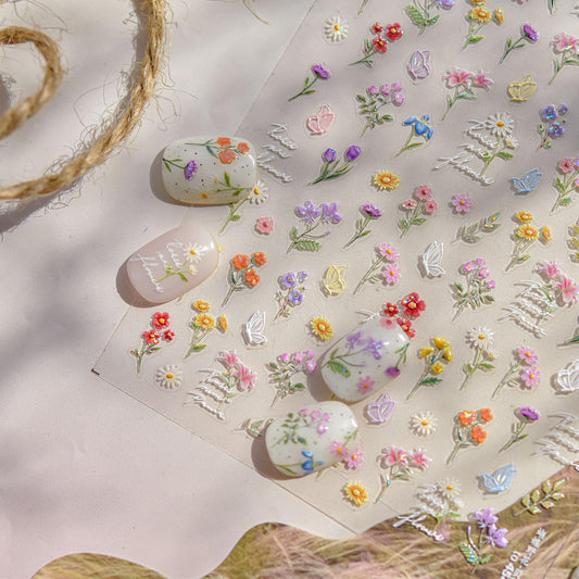 Flowers Nail Art Stickers for Acrylic Nails Colorful Flower Nail Decals 5D Embossed Self Adhesive Daisy Nail Sticker with Butterfly Designs Nail Stickers Spring Cute Floral Nail Decal for Women-Velvo Beauty