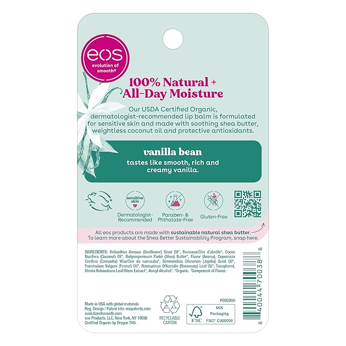 eos 100% Natural & Organic Lip Balm Sphere- Vanilla Bean, All-day Moisture, Dermatologist Recommended for Sensitive Skin, Lip Care Products, 0.25 oz-Velvo Beauty