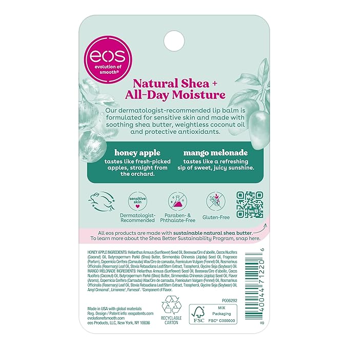 eos Natural Shea Lip Balm, Honey Apple & Mango Melonade, All-Day Moisture, Lip Care Products, 0.14 oz, 2-Pack-Velvo Beauty