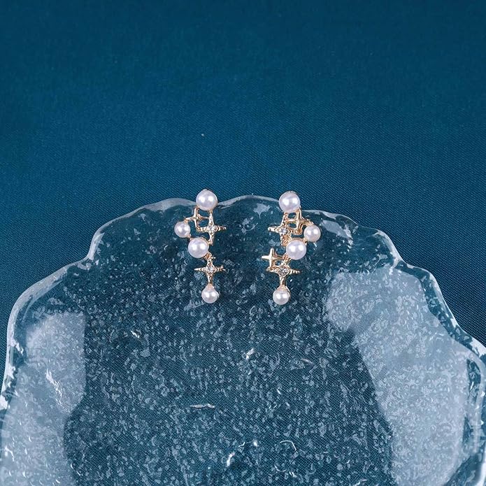 Vintage Pearl Star Earrings Rhinestone Pearl Drop Earrings Gold Crystal North Star Earrings Cz Northstar Studs Earrings Jewelry for Women-Velvo Beauty