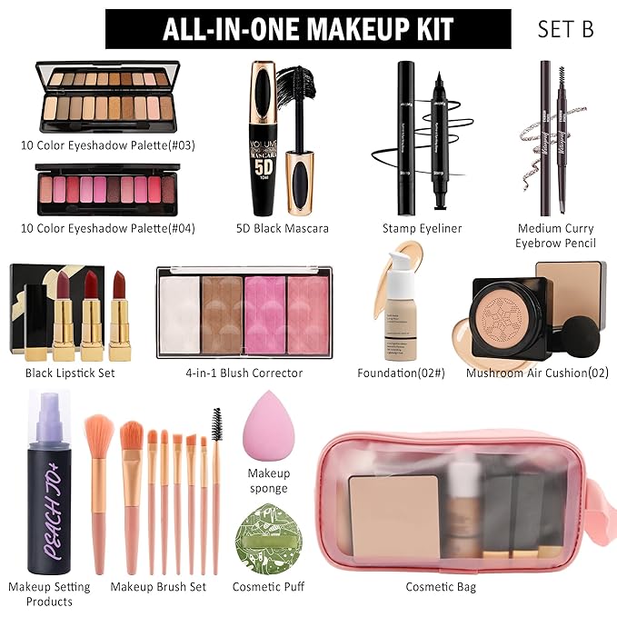 All In One Multipurpose Makeup Kit for Women,Travel Makeup Set,Makeup Gift Full Kit,Includes Foundation Eyeshadow Palette Lipstick Mascara Eyeliner Blusher Cosmetic Brush Set with Makeup Bag-Set B-Velvo Beauty