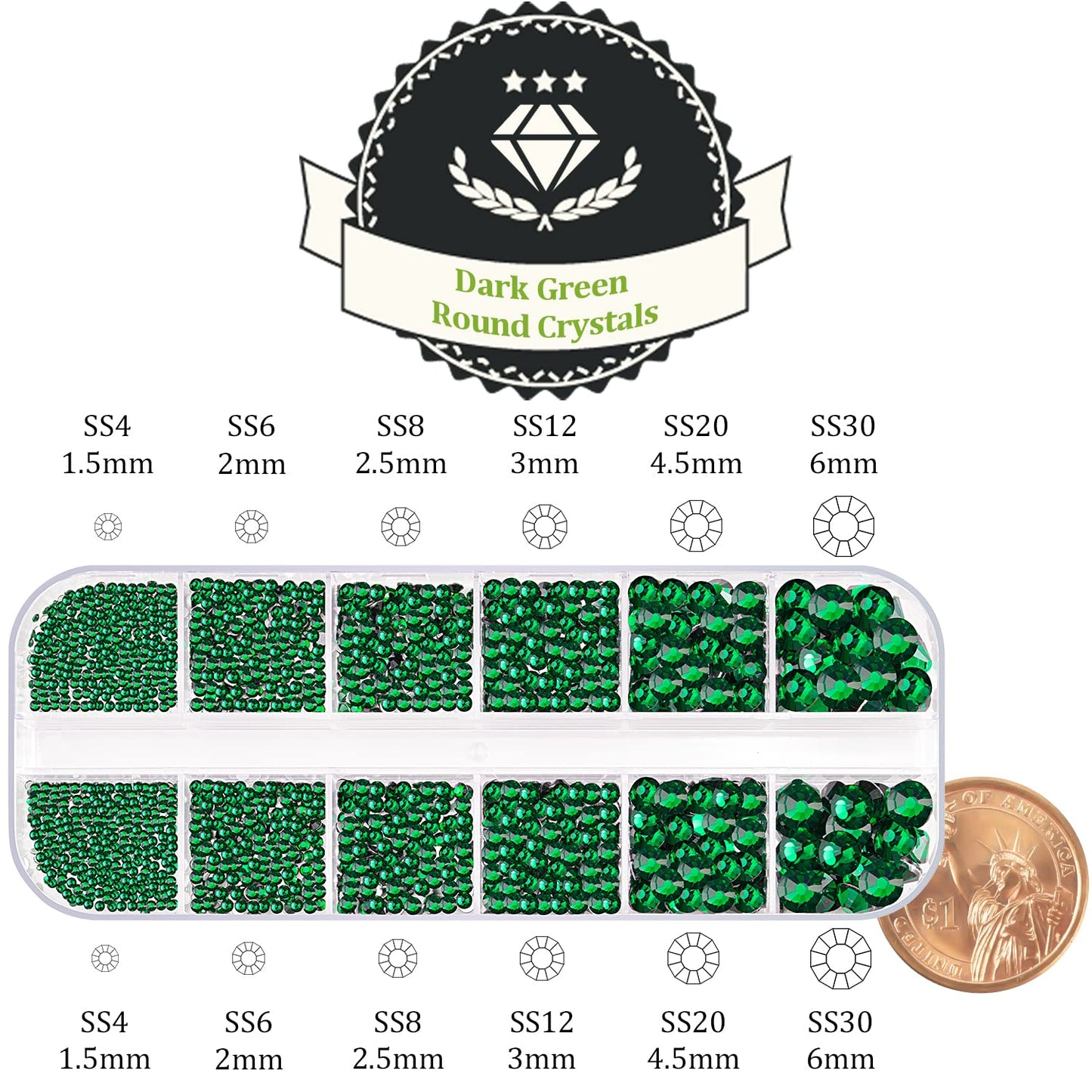 One Pack 2000 Pcs of Flatback Round Dark Green Rhinestones 6 Sizes (1.5-6 mm) with Nail Art Rhinestone Picker Pencil and Tweezers for DIY and Salon Use-Velvo Beauty