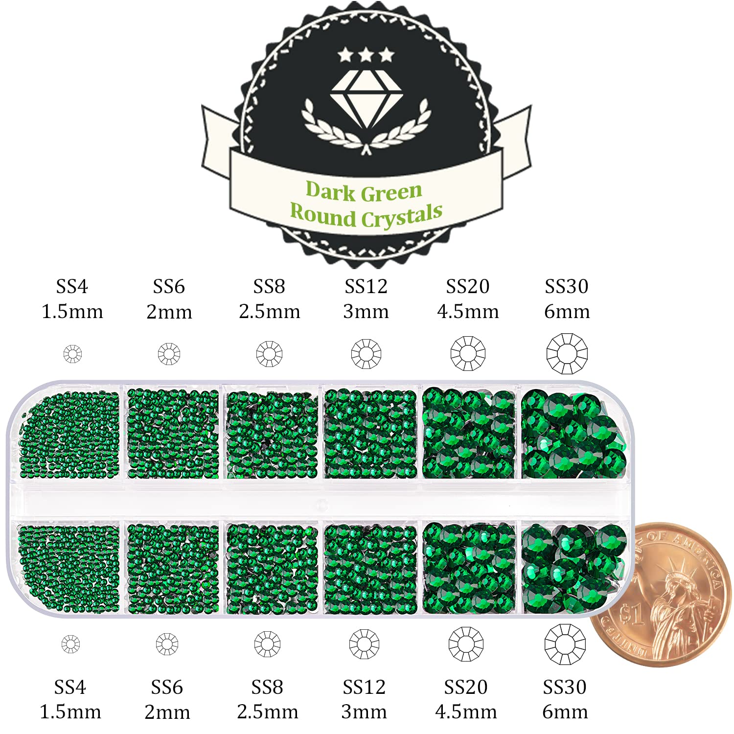 One Pack 2000 Pcs of Flatback Round Dark Green Rhinestones 6 Sizes (1.5-6 mm) with Nail Art Rhinestone Picker Pencil and Tweezers for DIY and Salon Use-Velvo Beauty