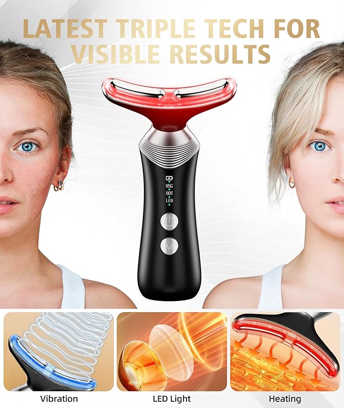 9-in-1 Red-Light-Therapy-for-Face-and-Neck, Portable Facial Massager Tool with Adjustable Vibration & Thermals for Wrinkles, Double Chin, Black-Velvo Beauty
