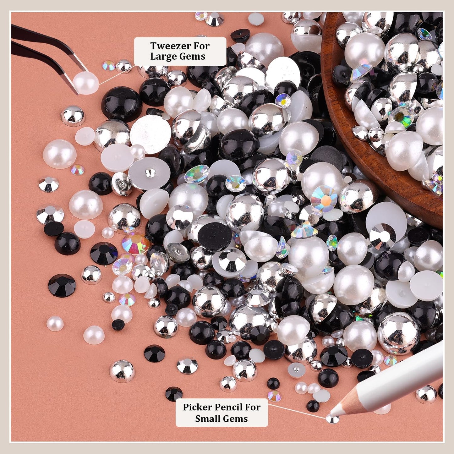 80g Flatback Pearls and Rhinestones for Crafting, Black White 3-10mm Resin Rhinestones and Half Pearls for Bedazzling, Nail Art and Dec with 3pcs 10ml B7000 Jewelry Glue, Tweezer and Pickup Pencil-Velvo Beauty