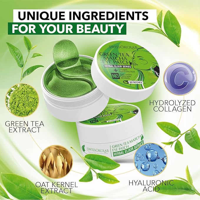 SWISSÖKOLAB Under Eye Patches For Puffy Eyes 24k Gold Eye Mask Dark Circles And Puffiness Collagen Eye Gel Pads Moisturizing & Reducing Wrinkles Anti-Aging Hyaluronic Acid (Green Tea)-Velvo Beauty