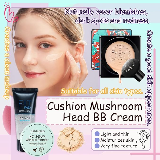 Air Cushion CC Cream Mushroom Head Foundation,Waterproof Long Lasting Loose Setting Powder,Moisturizing BB Cream Liquid Foundation Makeup Primer Concealer Base with Makeup Sponge（4PCS）-Velvo Beauty