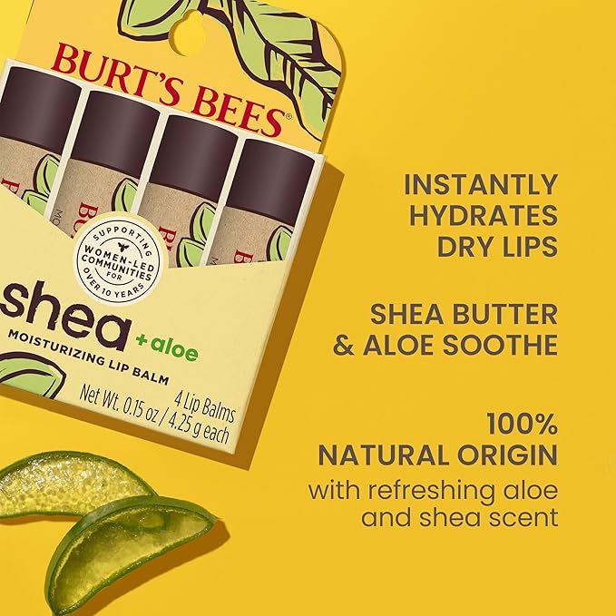 Burt's Bees Lip Balm Mothers Day Gifts for Mom - Shea and Aloe Lip Moisturizer With Responsibly Sourced Beeswax, Tint-Free, Natural Origin Conditioning Lip Treatment, 4 Tubes, 0.15 oz.-Velvo Beauty