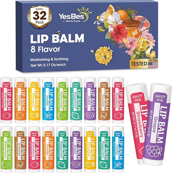32 Pack Lip Balm, Natural Lip Balm Bulk with Vitamin E and Coconut Oil, Moisturizing Lip Balm for Dry Cracked Lips, Lip Balm for Stocking Stuffers - 8 Flavors-Velvo Beauty